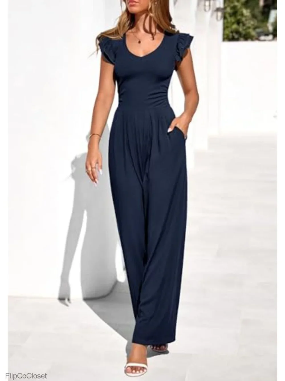 Wide Leg Jumpsuit for Women V Neck Ruffle Cap Sleeve